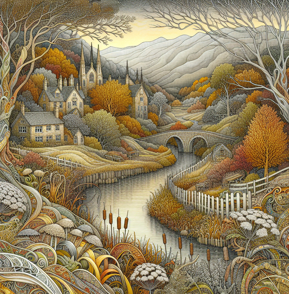 Serene Autumn Landscape with River and Quaint Houses