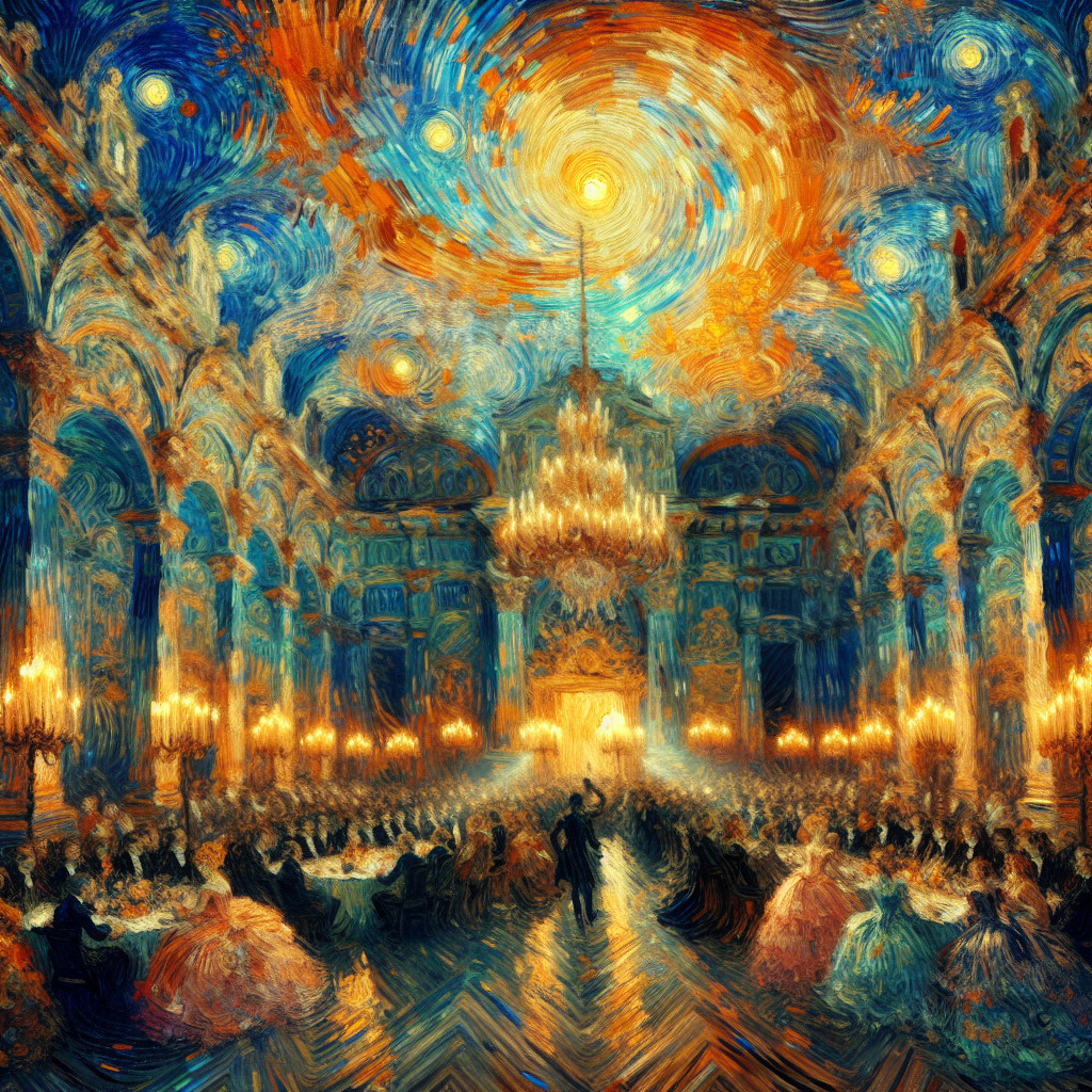 Grand Banquet Hall with Elegant Guests and Chandeliers