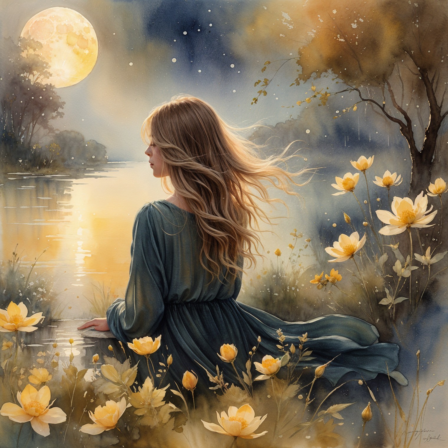 Twilight Scene of a Woman by a Shimmering Lake