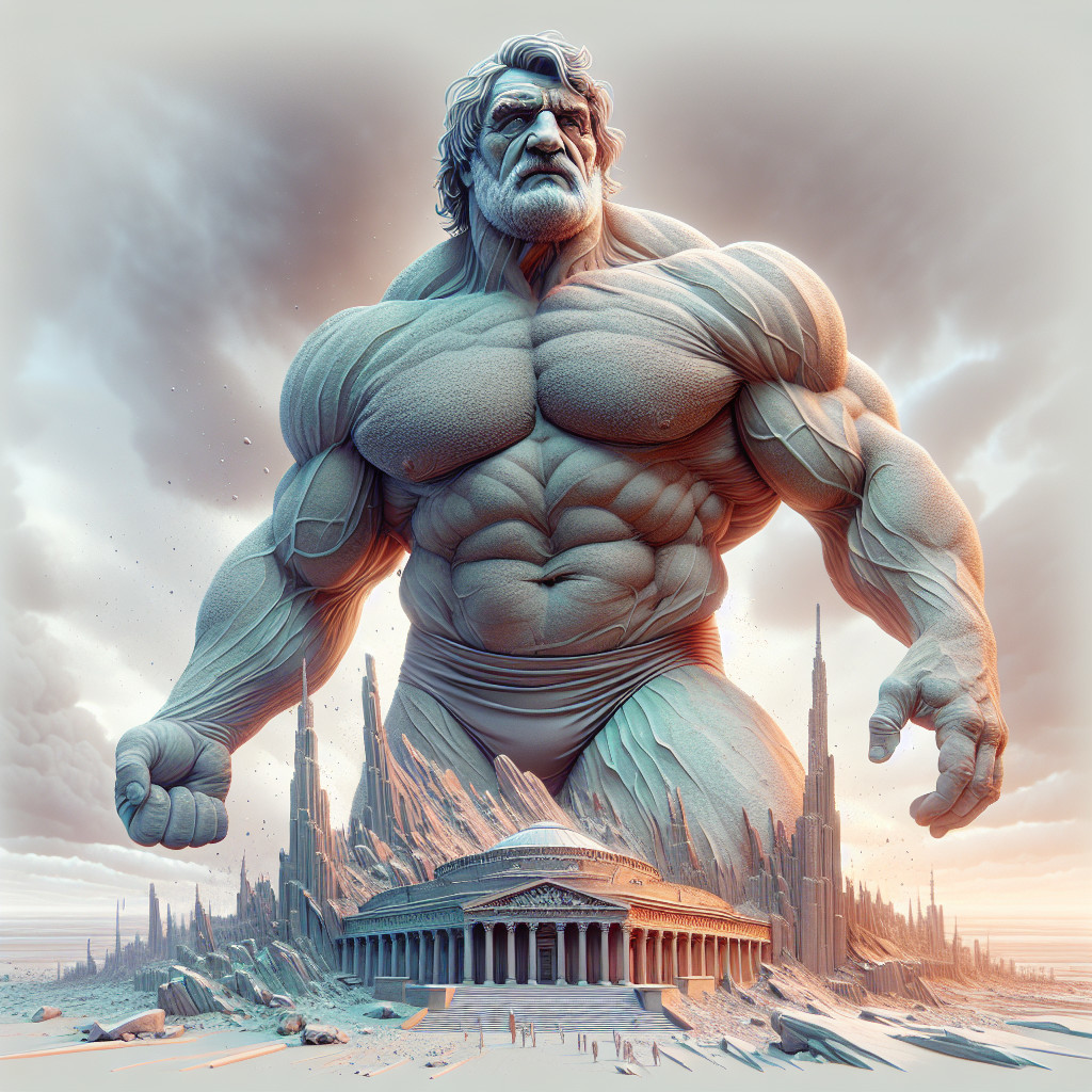 Colossal Giant Overlooking Ancient Temple Landscape