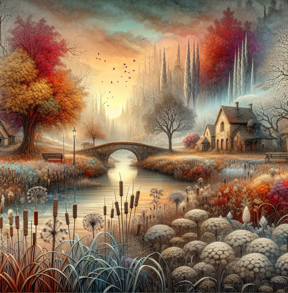 Autumn Landscape with Bridge and Calm River Reflection