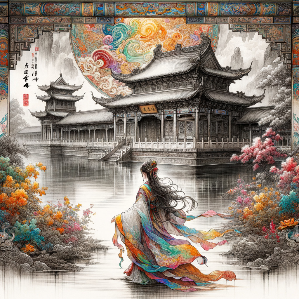 Woman in Colorful Robe by Tranquil Waterside