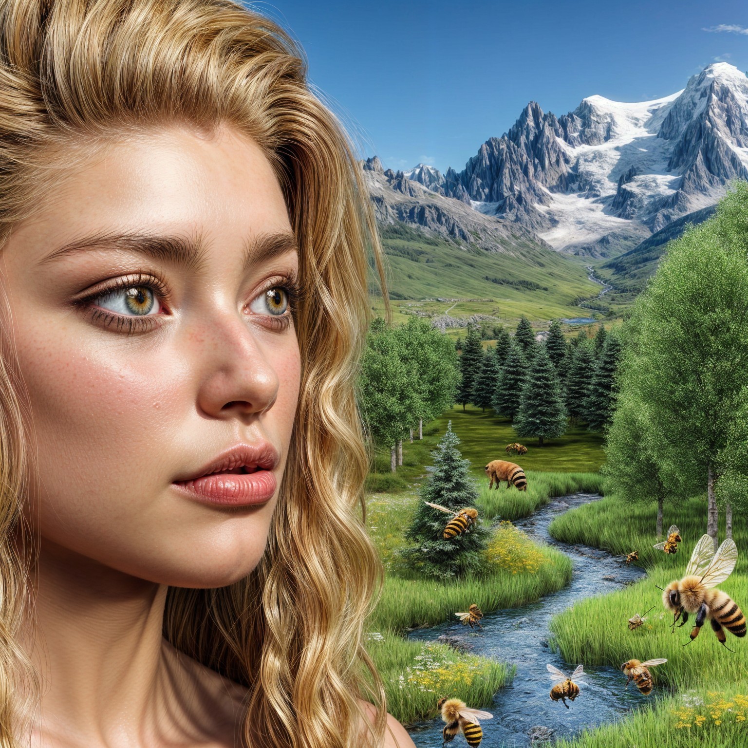 Serene Landscape with Woman and Majestic Mountains