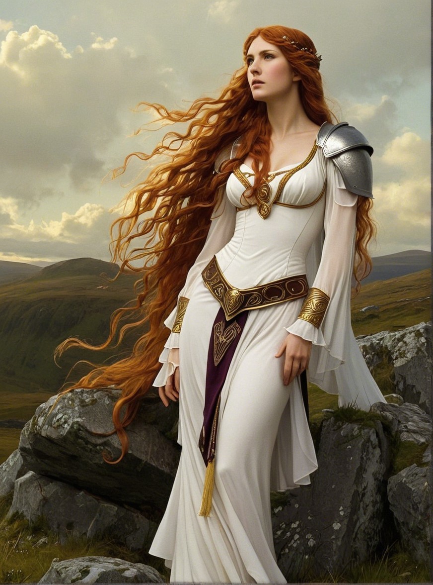 Elegant Woman in White Gown Amidst Rocky Terrain