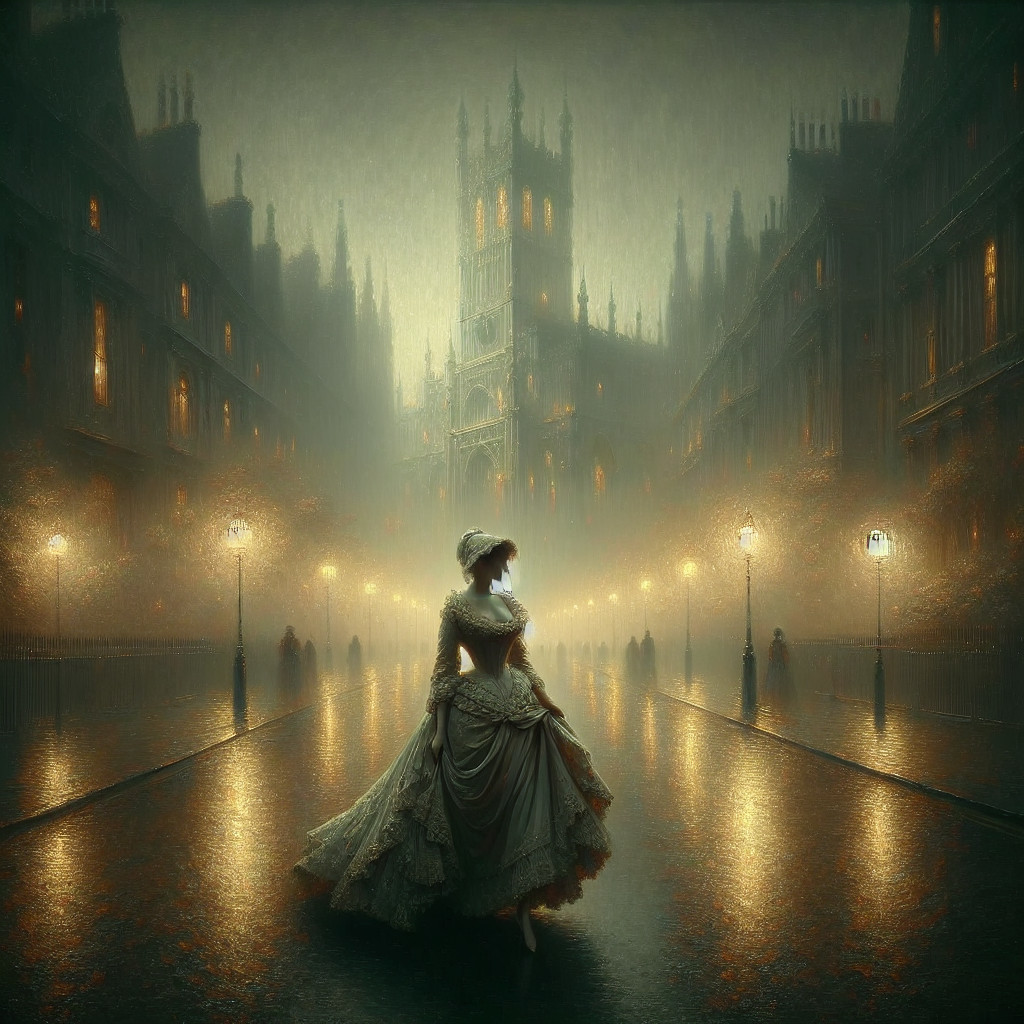 Foggy Street with Vintage Gown and Gothic Architecture