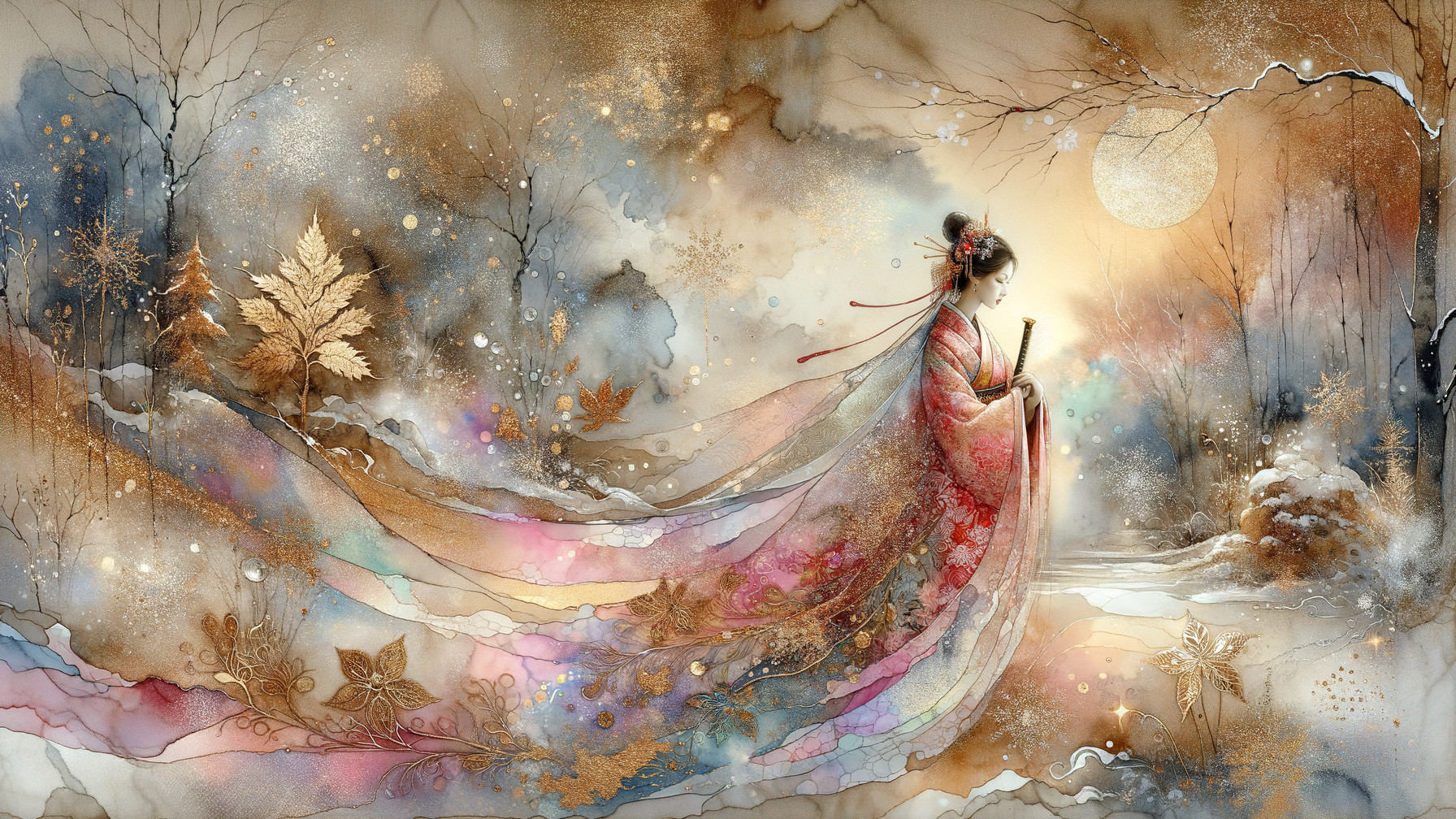 Ethereal Scene with Graceful Figure in Ornate Dress
