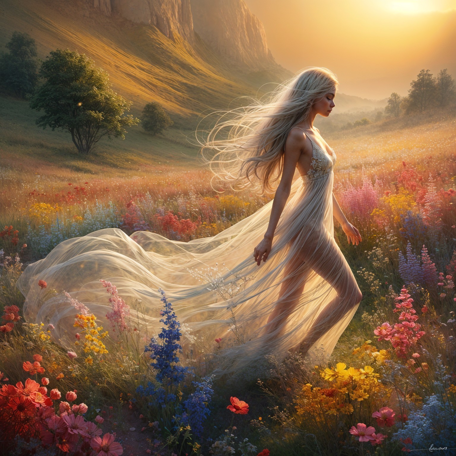 Graceful figure in vibrant meadow with mountains