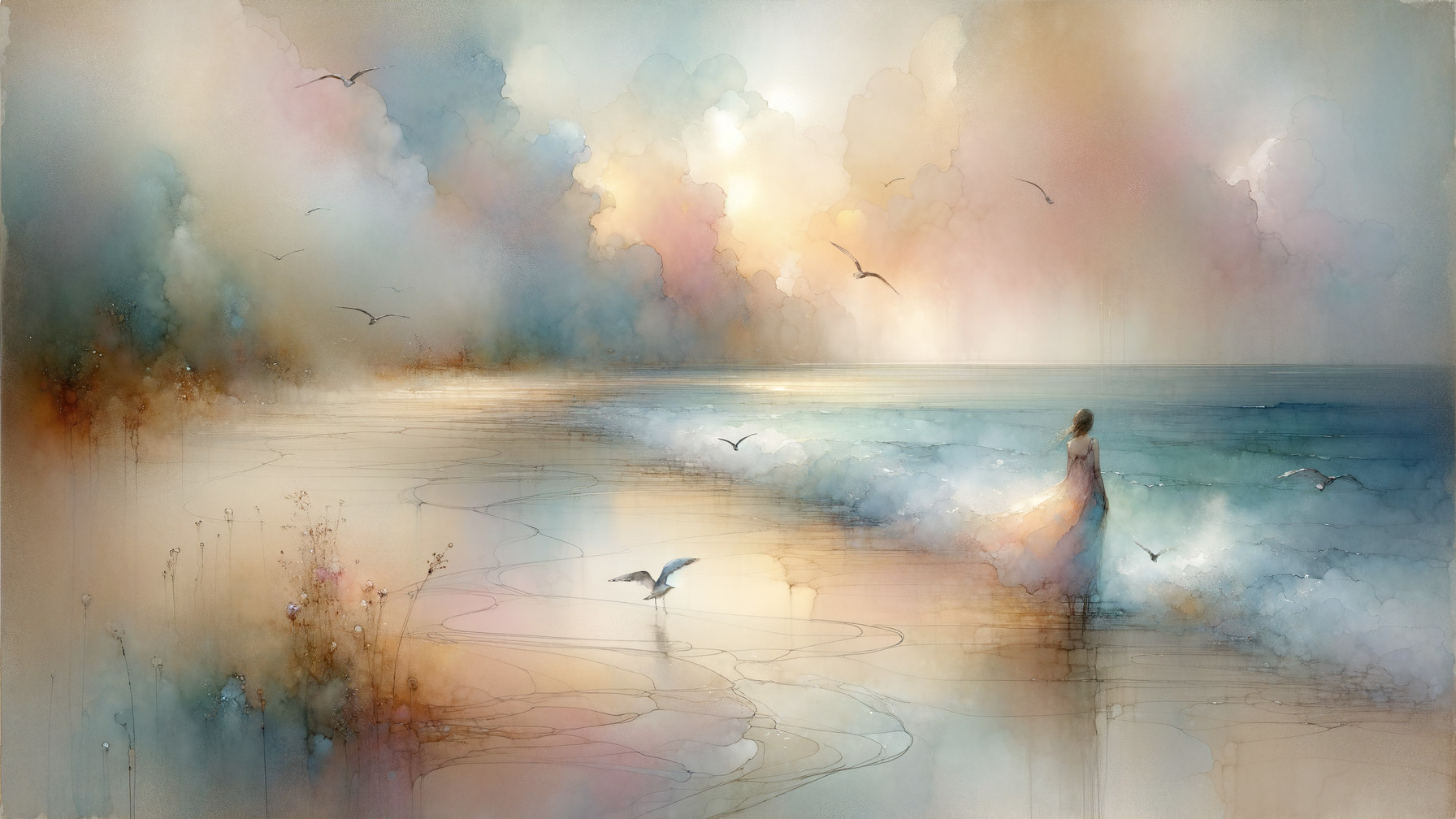 Serene Coastal Scene with Sunset and Gentle Waves