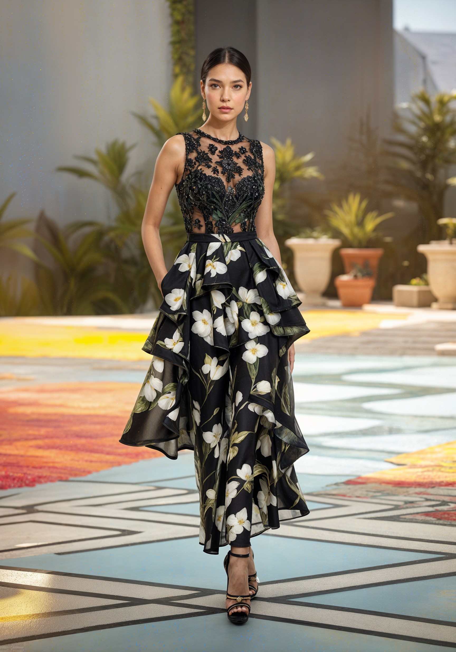 Model in Black Floral Dress on Vibrant Pathway