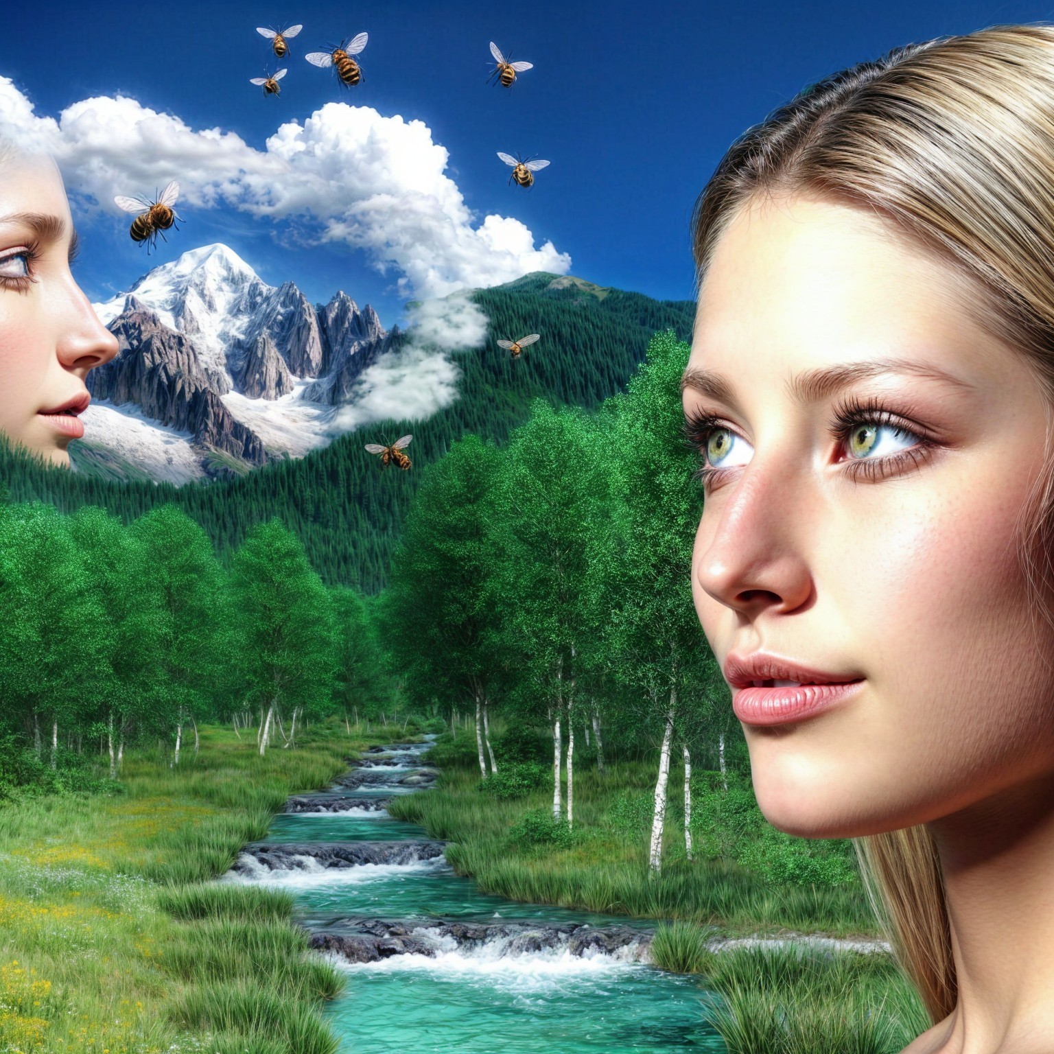Serene Landscape with River, Mountains, and Ethereal Faces
