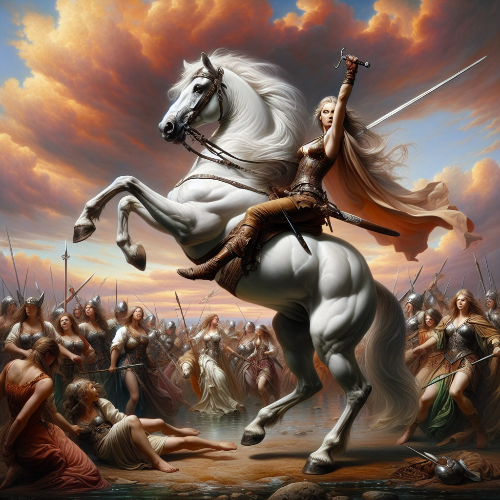 Fierce Warrior Woman Leading Charge on White Horse