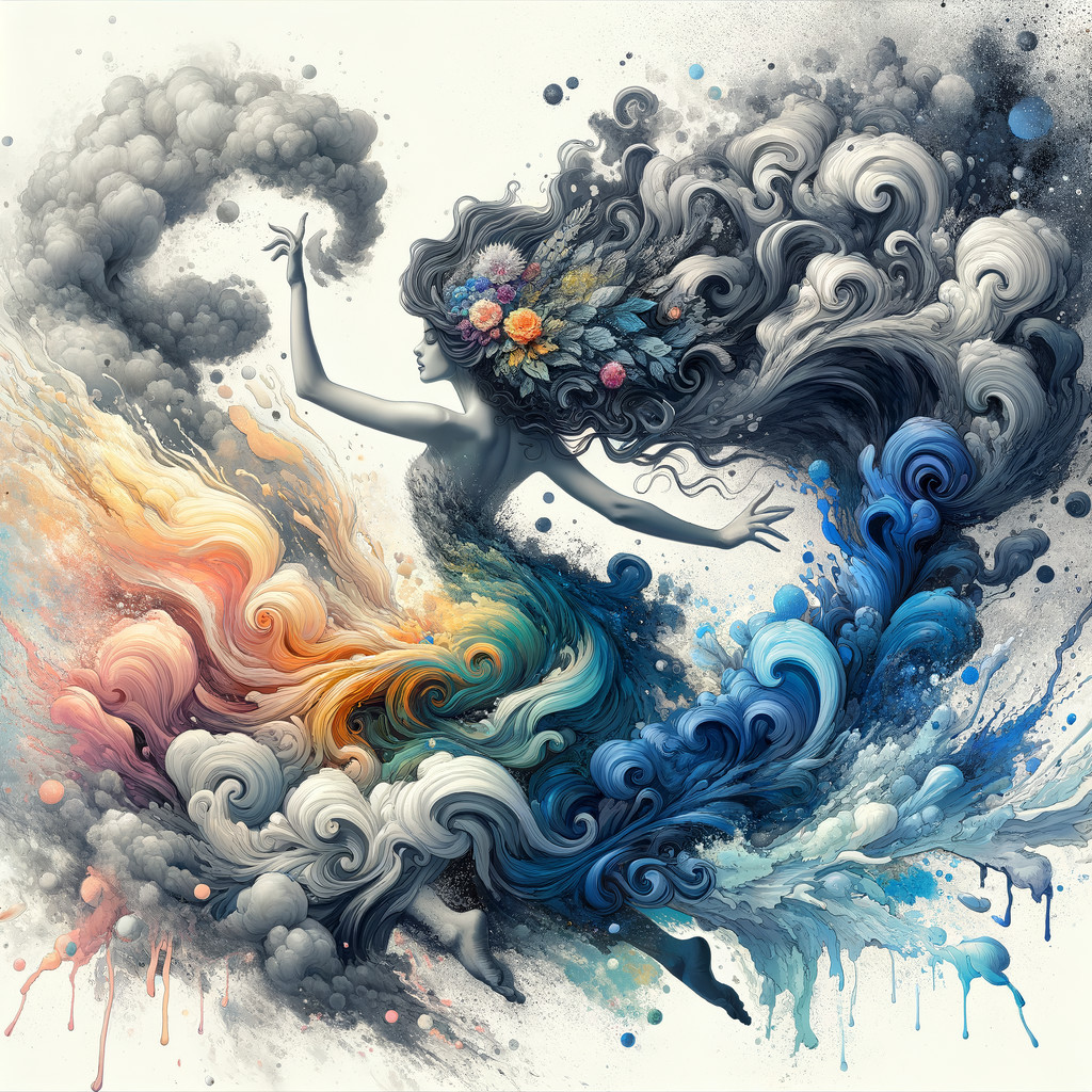 Dancer in Colorful Waves with Ethereal Background