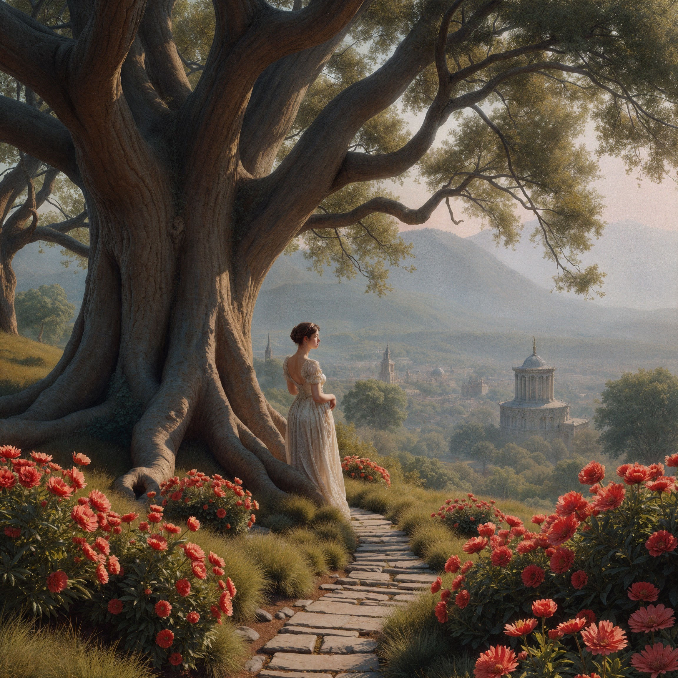 Woman in White Dress by Majestic Tree and Valley