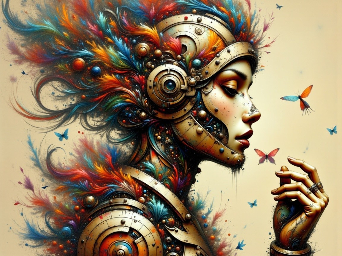 Futuristic female figure with metallic design and butterflies