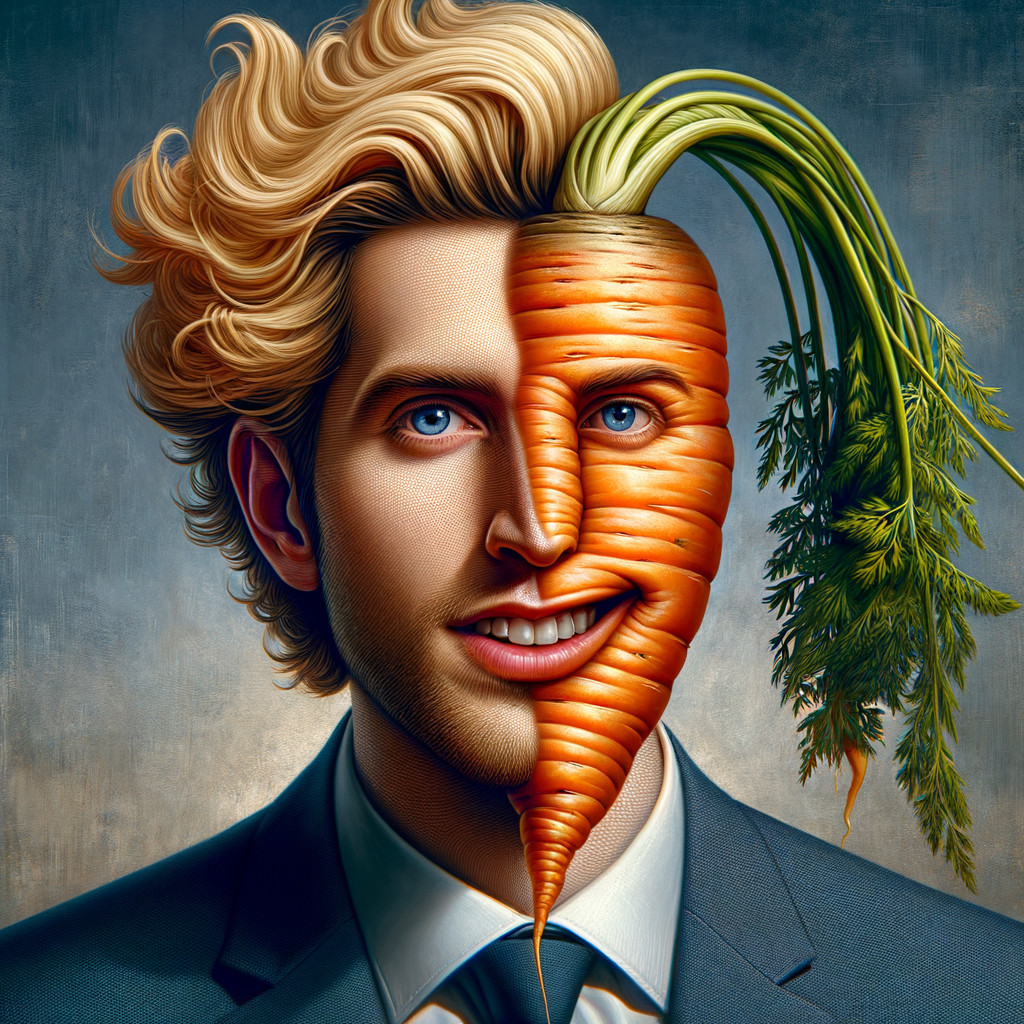 Surreal portrait of a man merging with a carrot