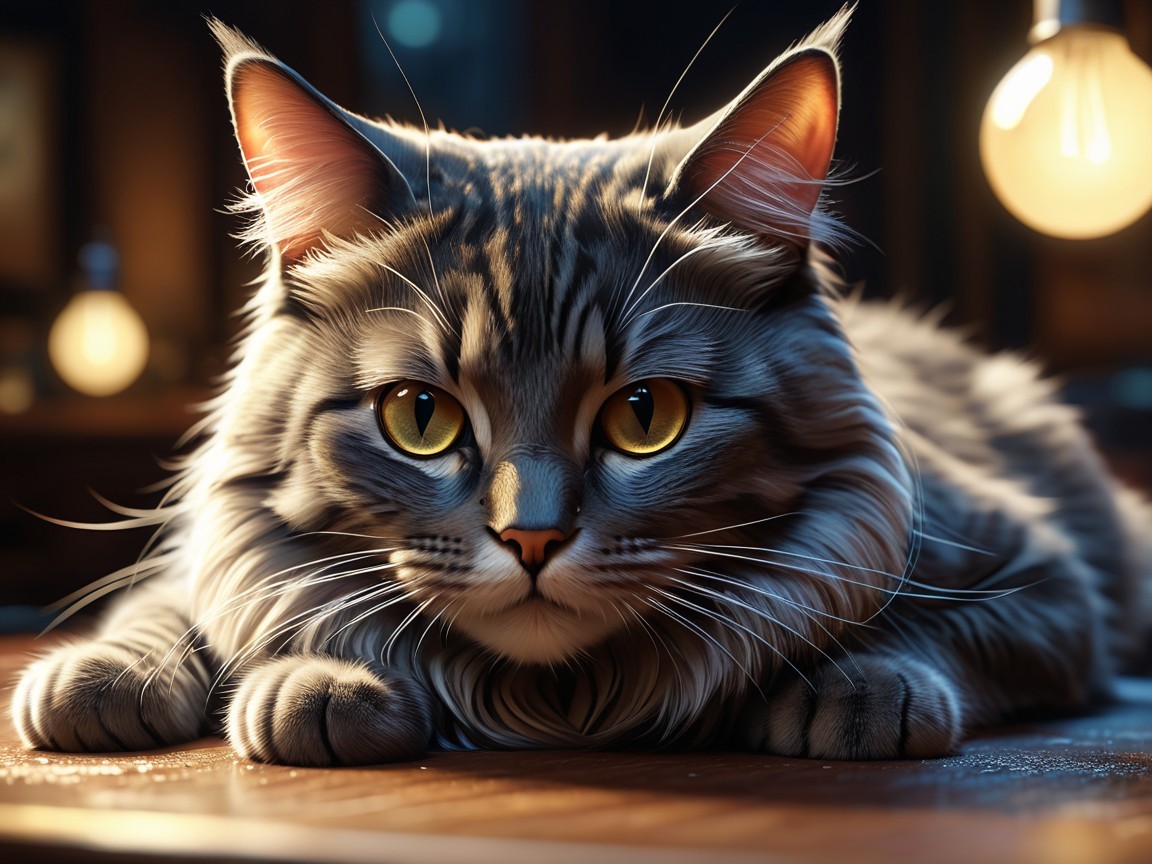 Fluffy Gray Cat with Golden Eyes on Wooden Surface