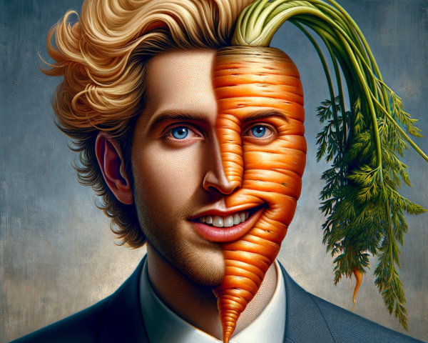 Surreal portrait of a man merging with a carrot
