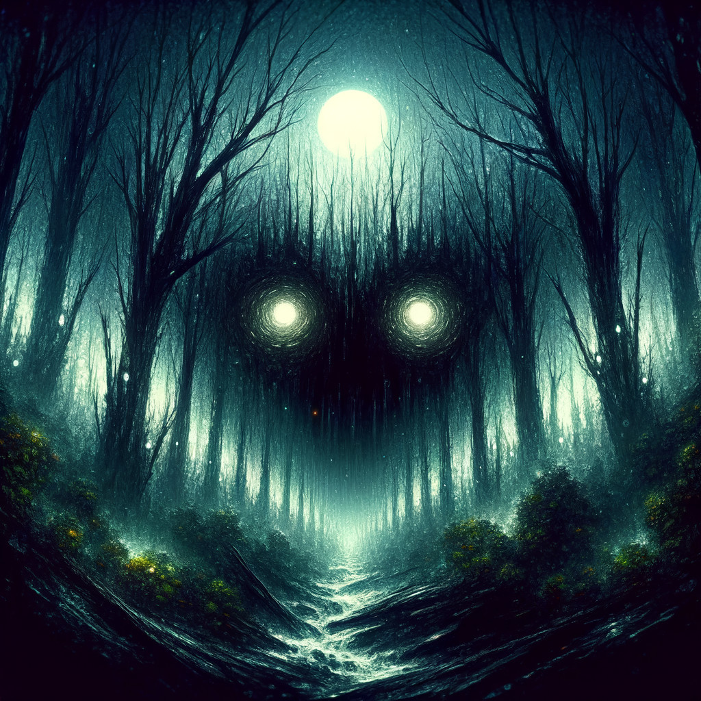 Eerie Forest Scene Under Full Moonlight and Mist