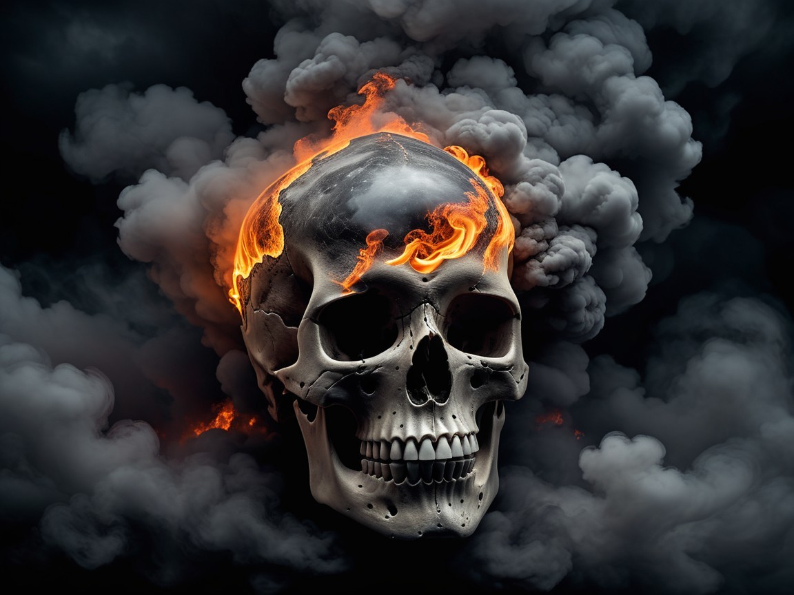 Detailed Skull Surrounded by Smoke and Flames