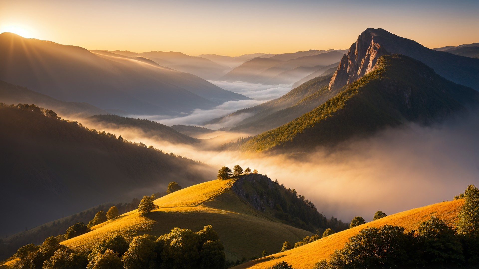 Golden Grass Hills and Majestic Mountain Landscape
