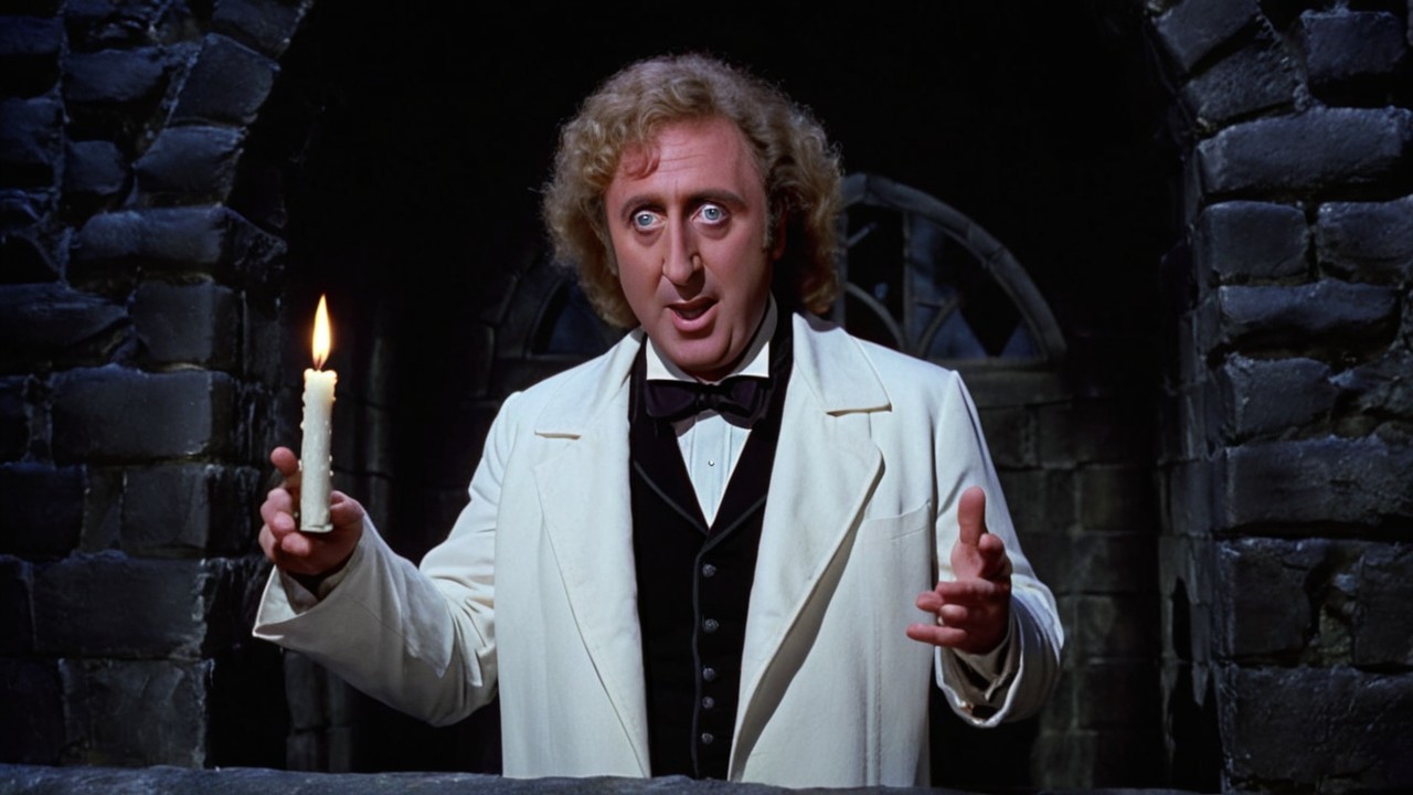 Character in formal attire in gothic setting with candle