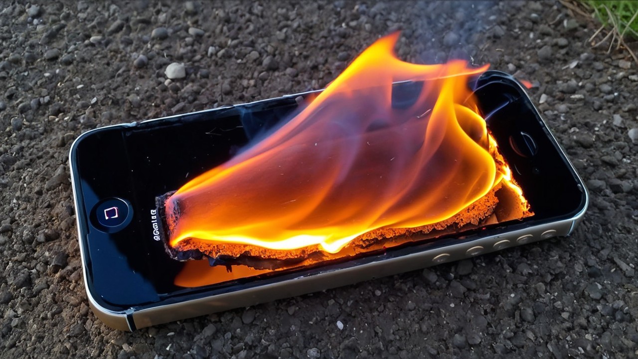 Smartphone on Fire Surrounded by Rugged Terrain and Grass