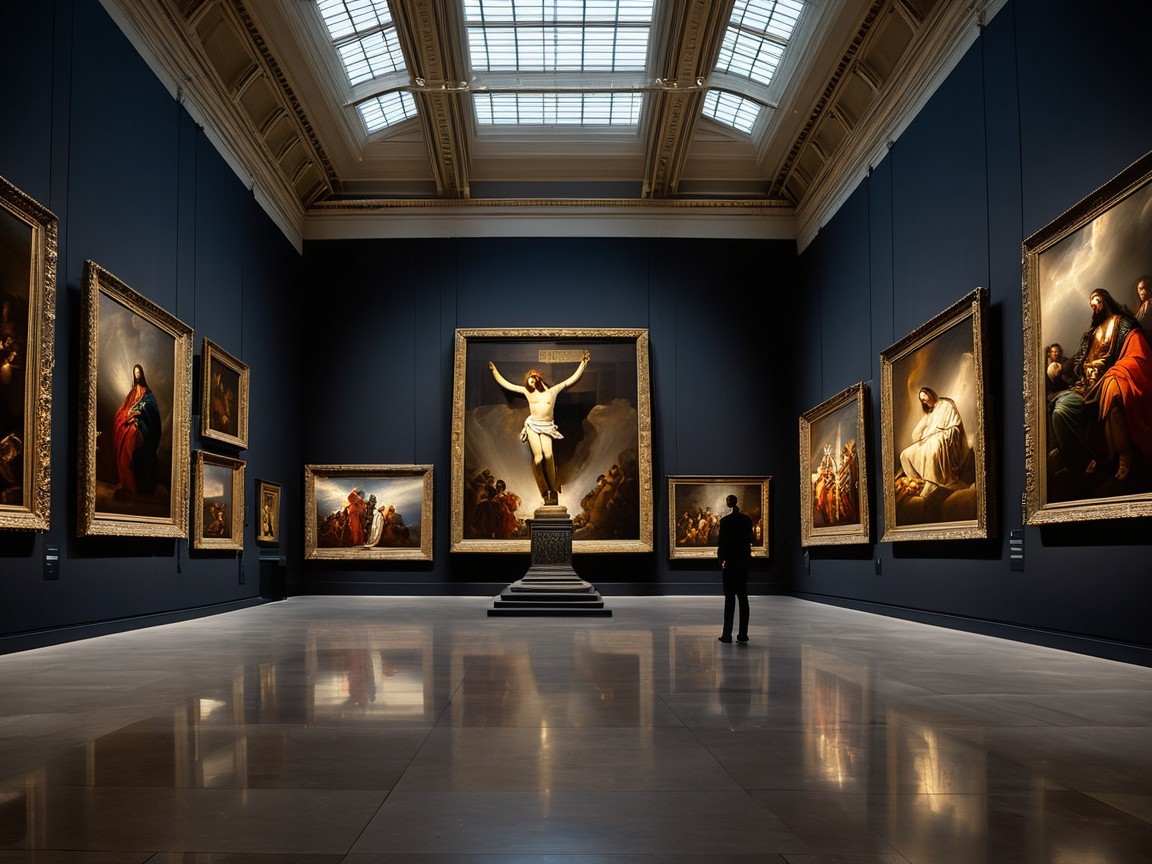 Grand Art Gallery with Religious Paintings and Statue
