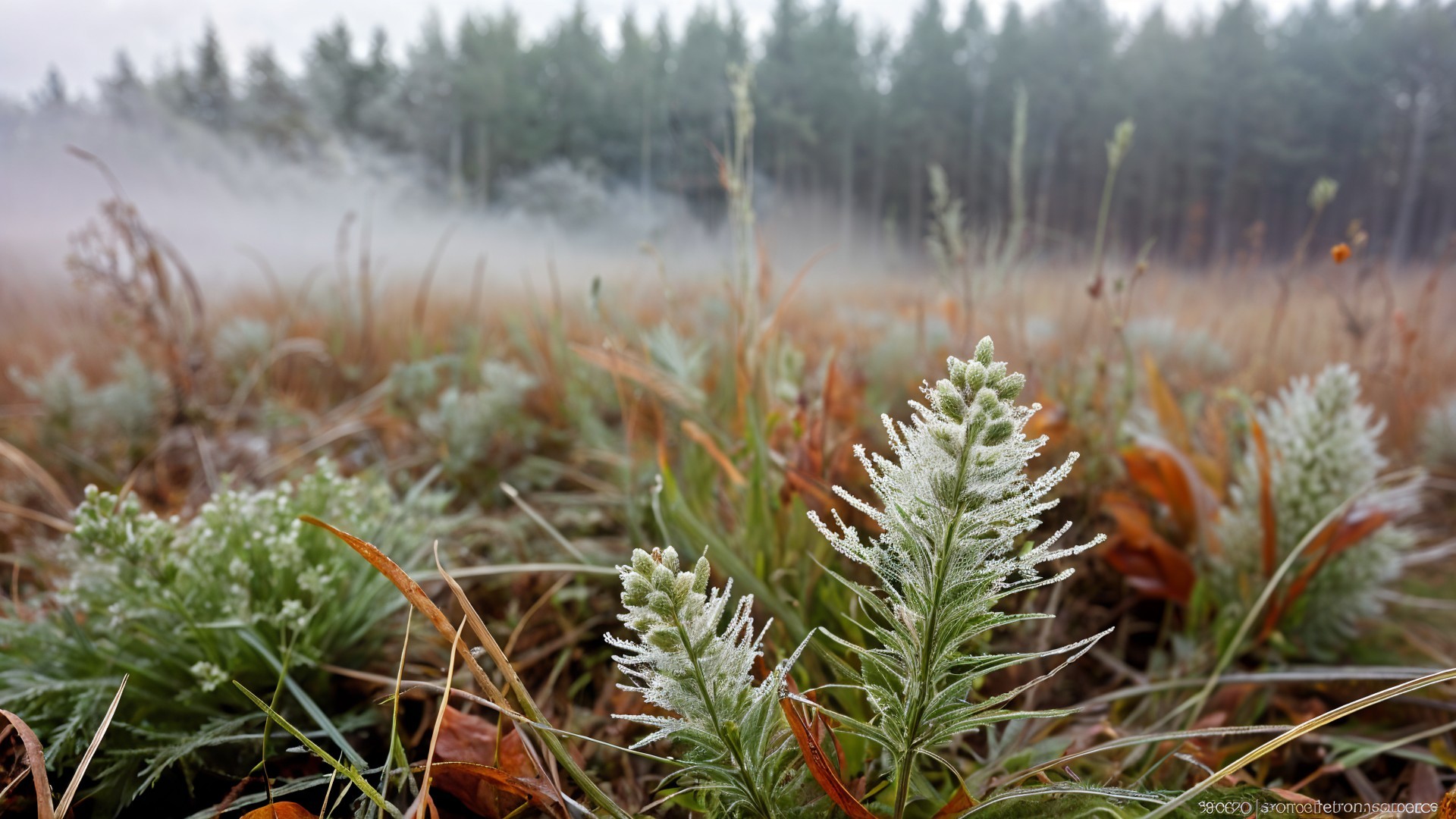 Frost-Covered Landscape with Misty Forest Background