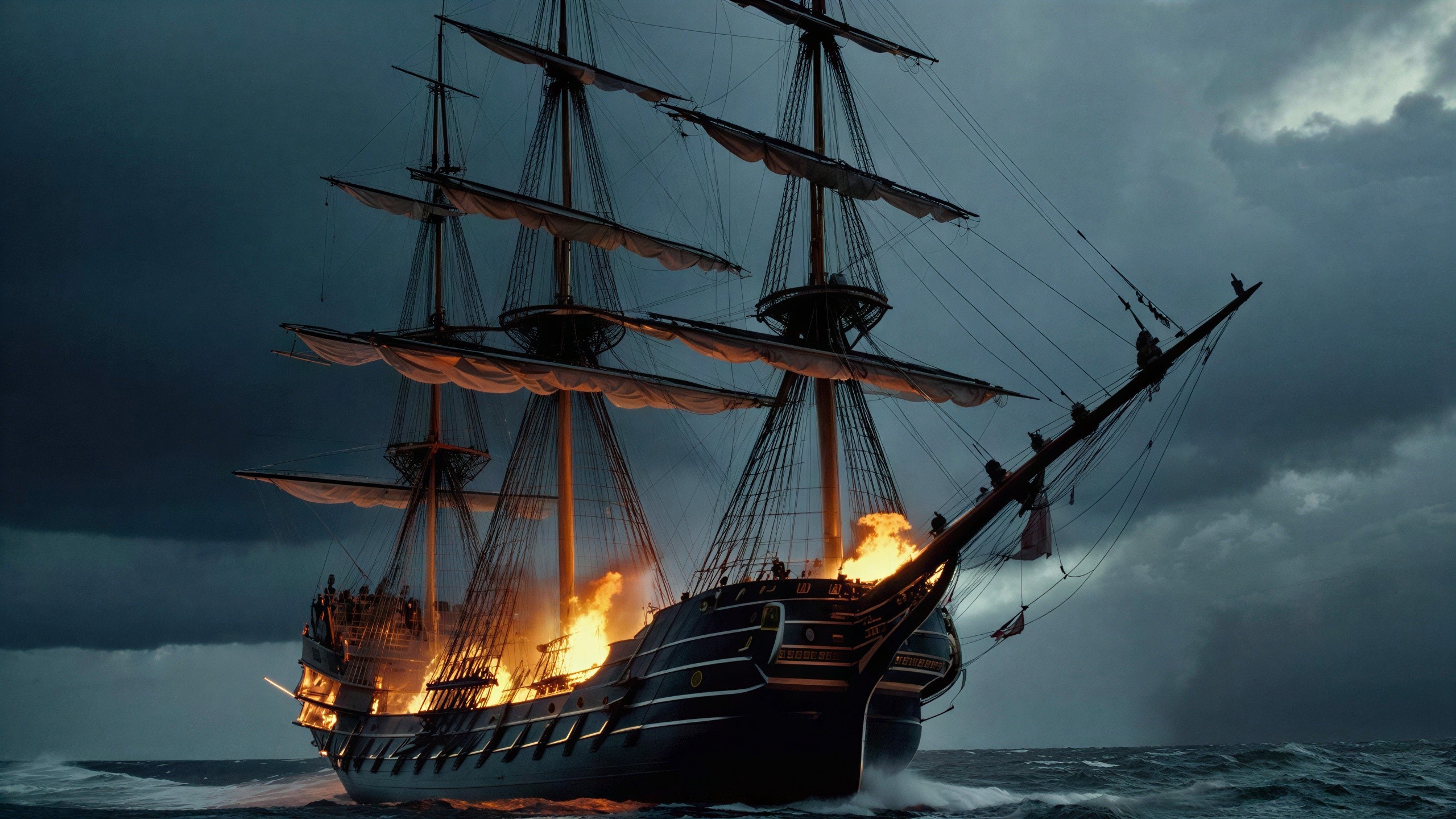 Tall Ship Ablaze at Sea Under Stormy Sky