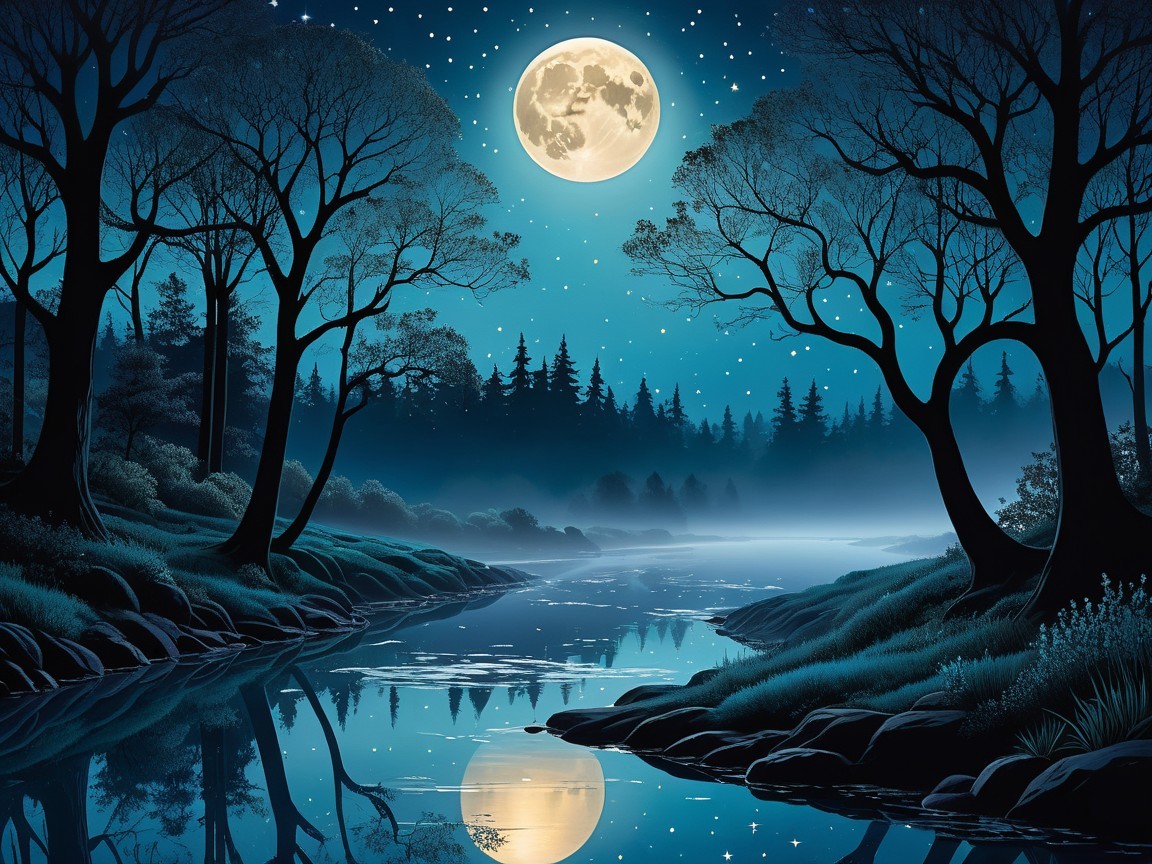 Serene Nighttime Landscape with Full Moon and River