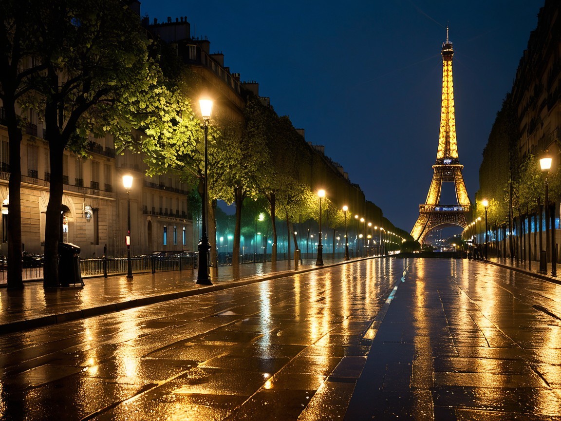 Serene Paris Night Scene with Illuminated Eiffel Tower
