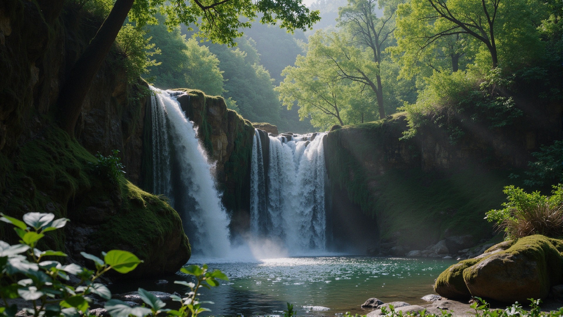 Cascading Waterfall in Lush Green Landscape