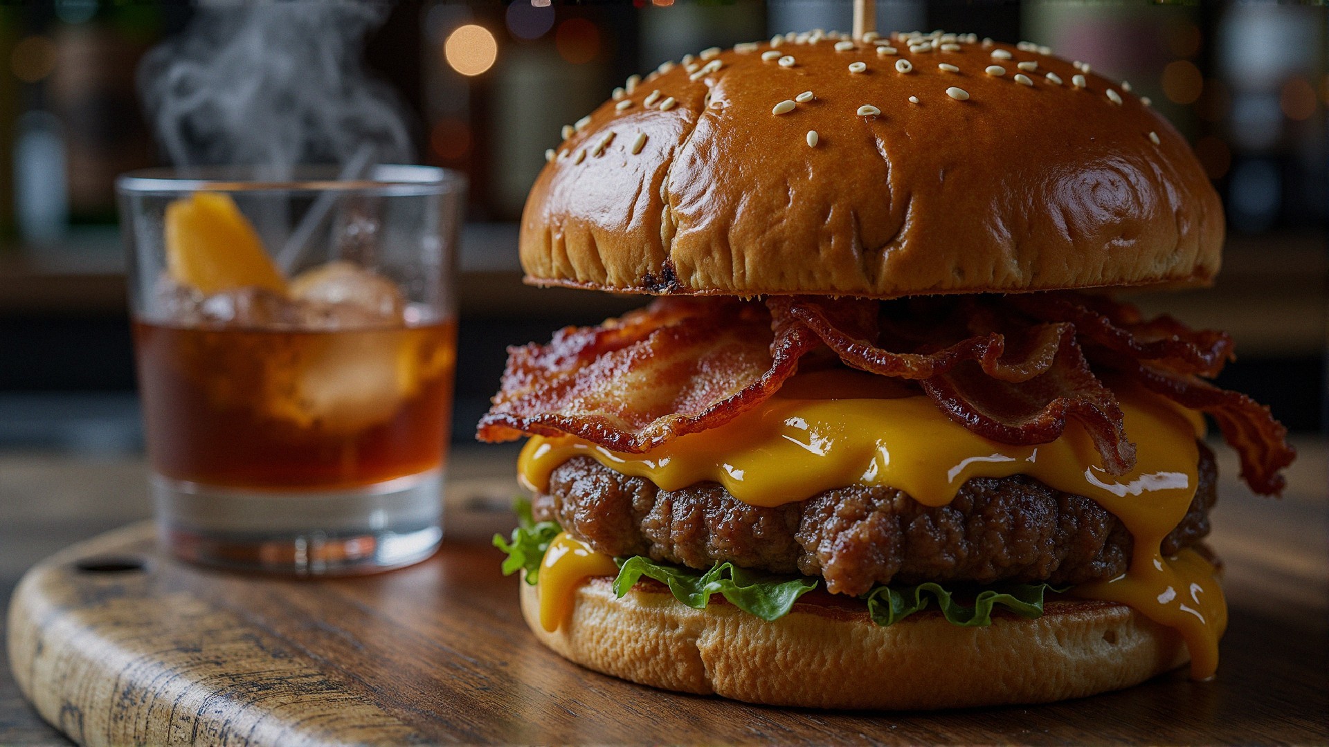 Cheeseburger with Whiskey on Rustic Wooden Board