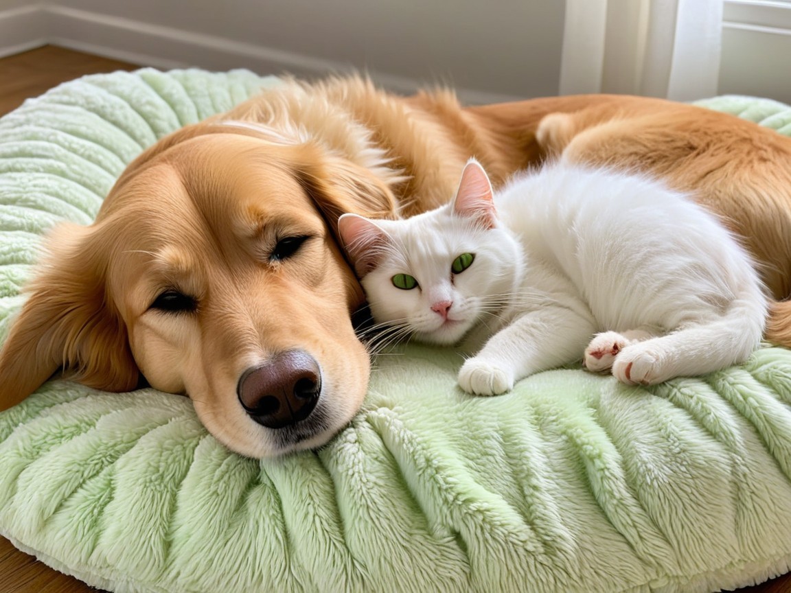 Golden Retriever and White Cat Cuddled on Pet Bed