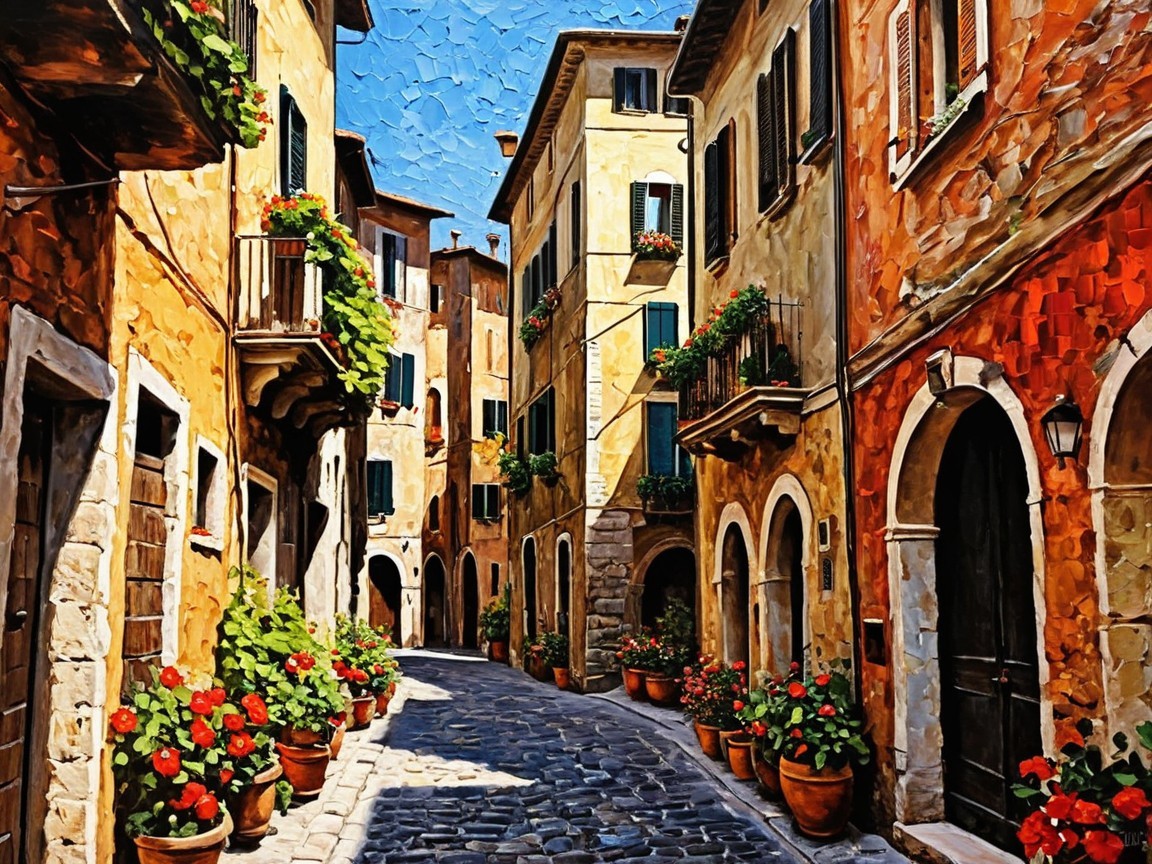 Charming Cobblestone Street with Vibrant Buildings
