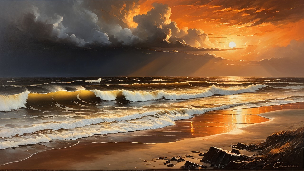 Coastal Sunset with Vibrant Hues and Storm Clouds