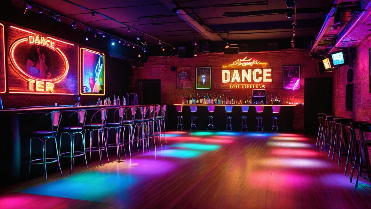 Vibrant Dance Studio with Neon Lights and Retro Decor