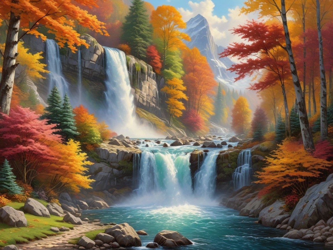 Cascading Waterfalls and Autumn Foliage Landscape