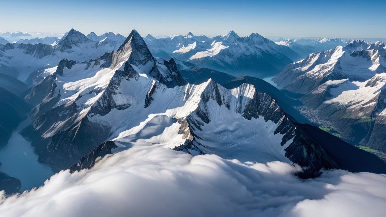 Aerial View of Snow-Capped Mountain Peaks and Lake