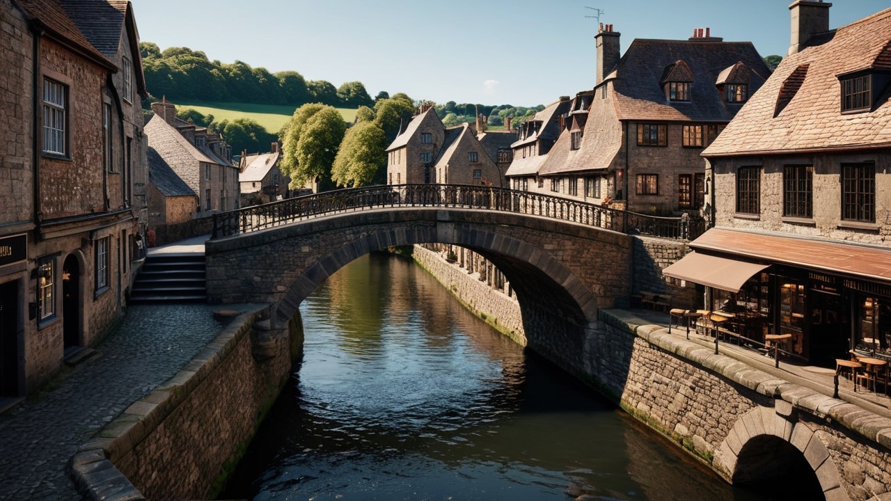 Historic village with stone buildings by a canal