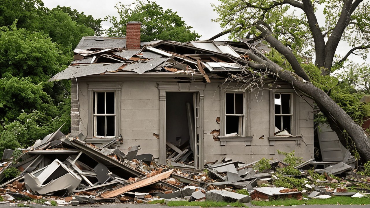 Dilapidated house with collapsed roof and debris