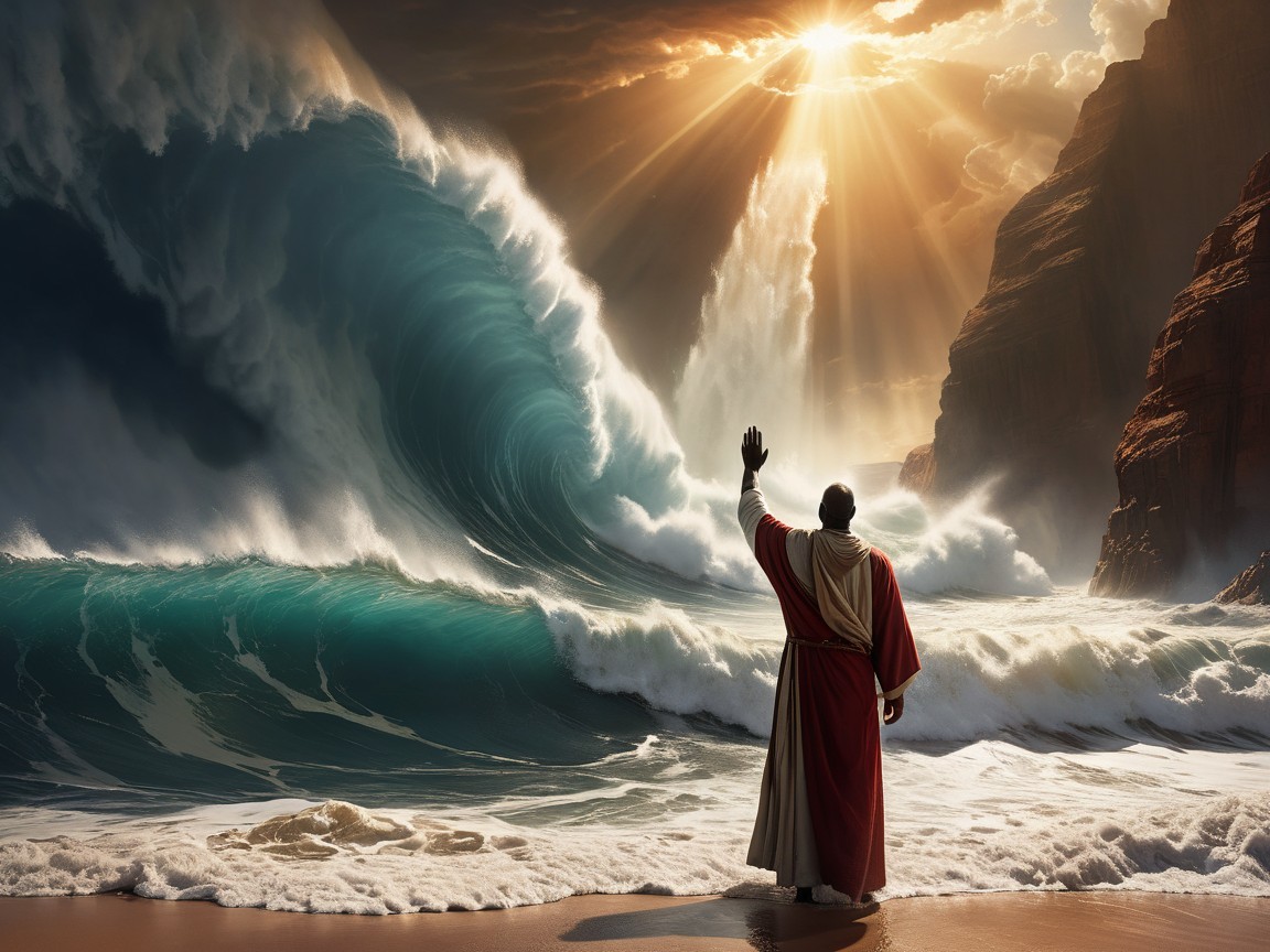 Ancient Figure Facing Massive Wave at Dramatic Beach