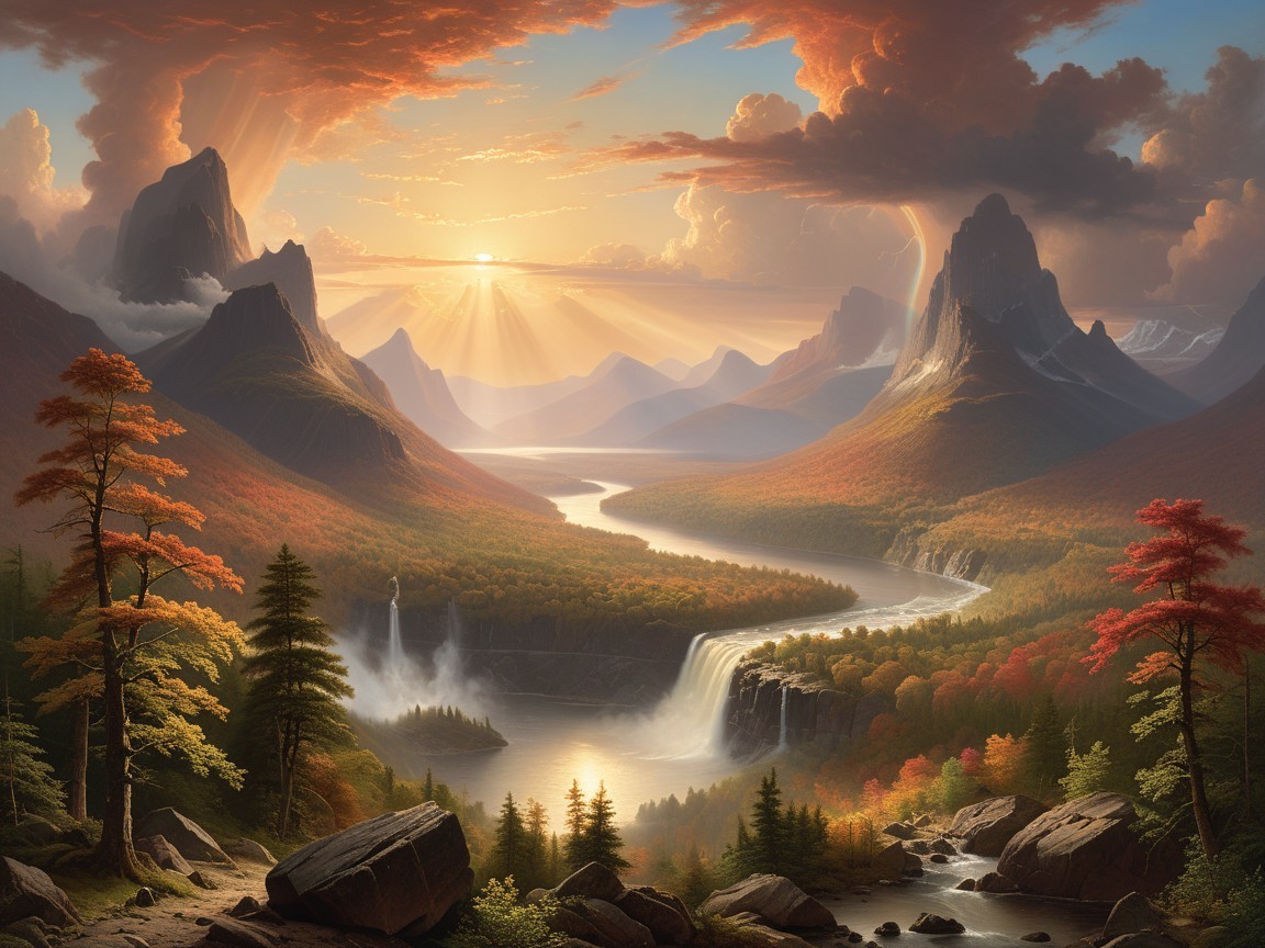 Sunset Landscape with Mountains and Cascading Waterfalls