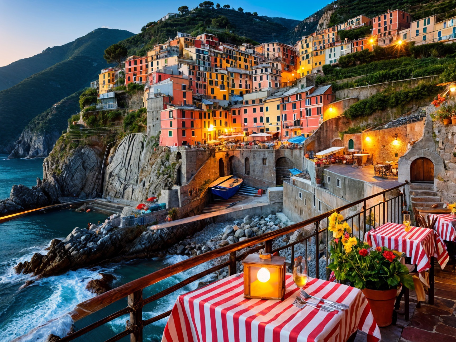 Coastal Village with Colorful Buildings and Scenic Views