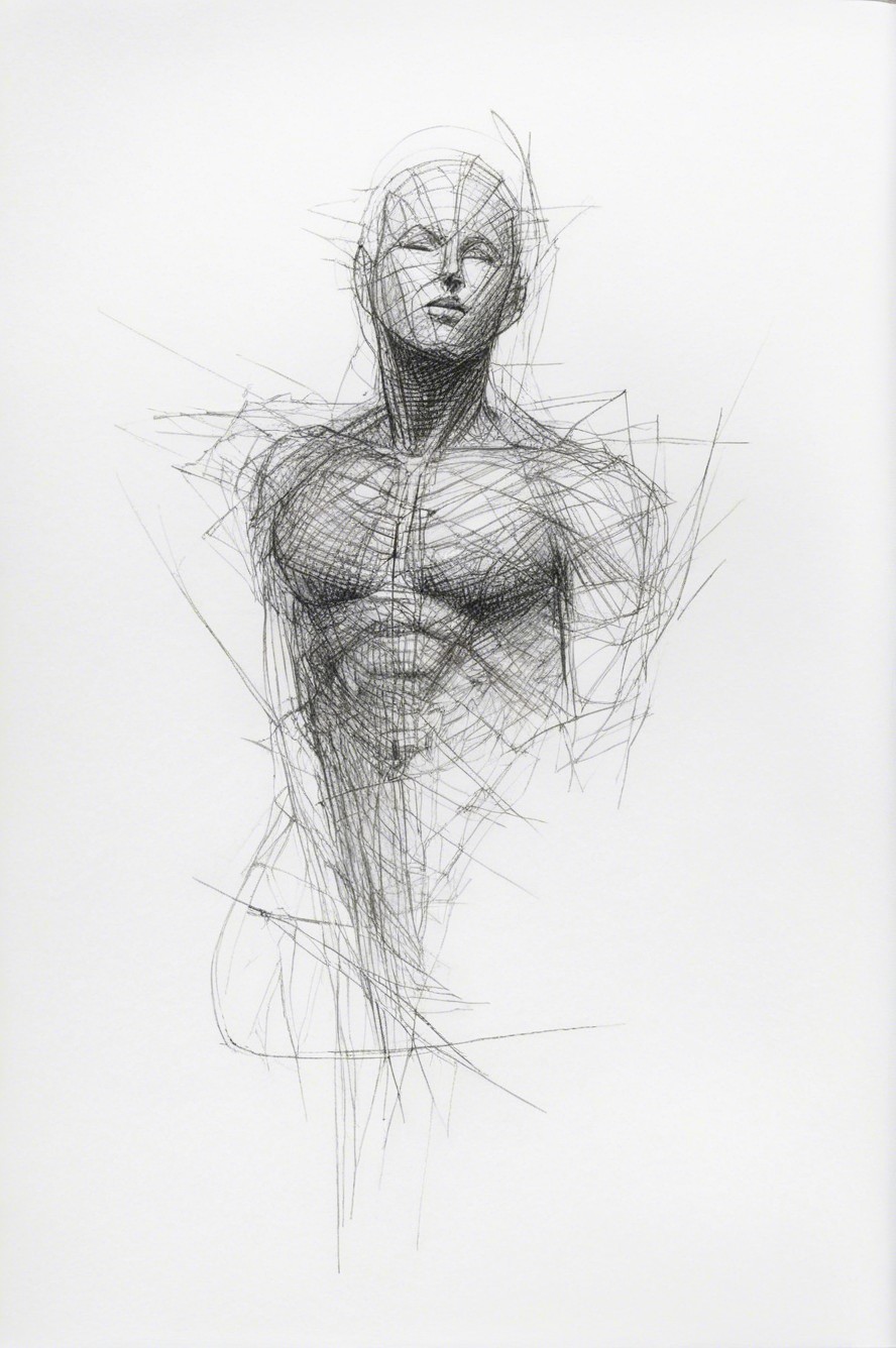 Stylized Sketch of Dynamic Human Figure Torso and Head