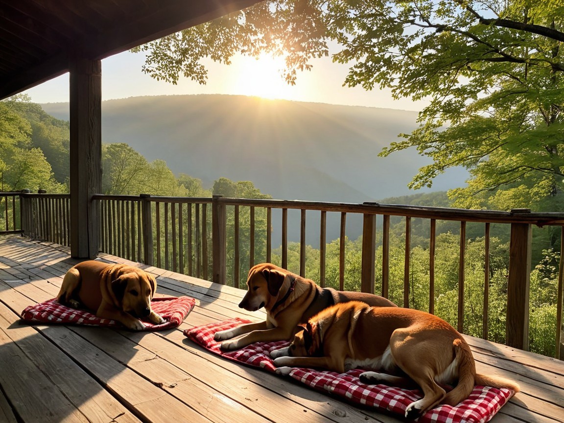 Dogs on Plaid Blankets at Sunset on Wooden Deck