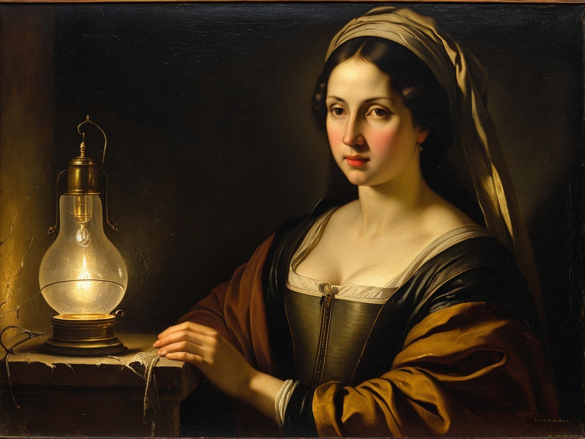 Young Woman in Traditional Attire by Oil Lamp Light