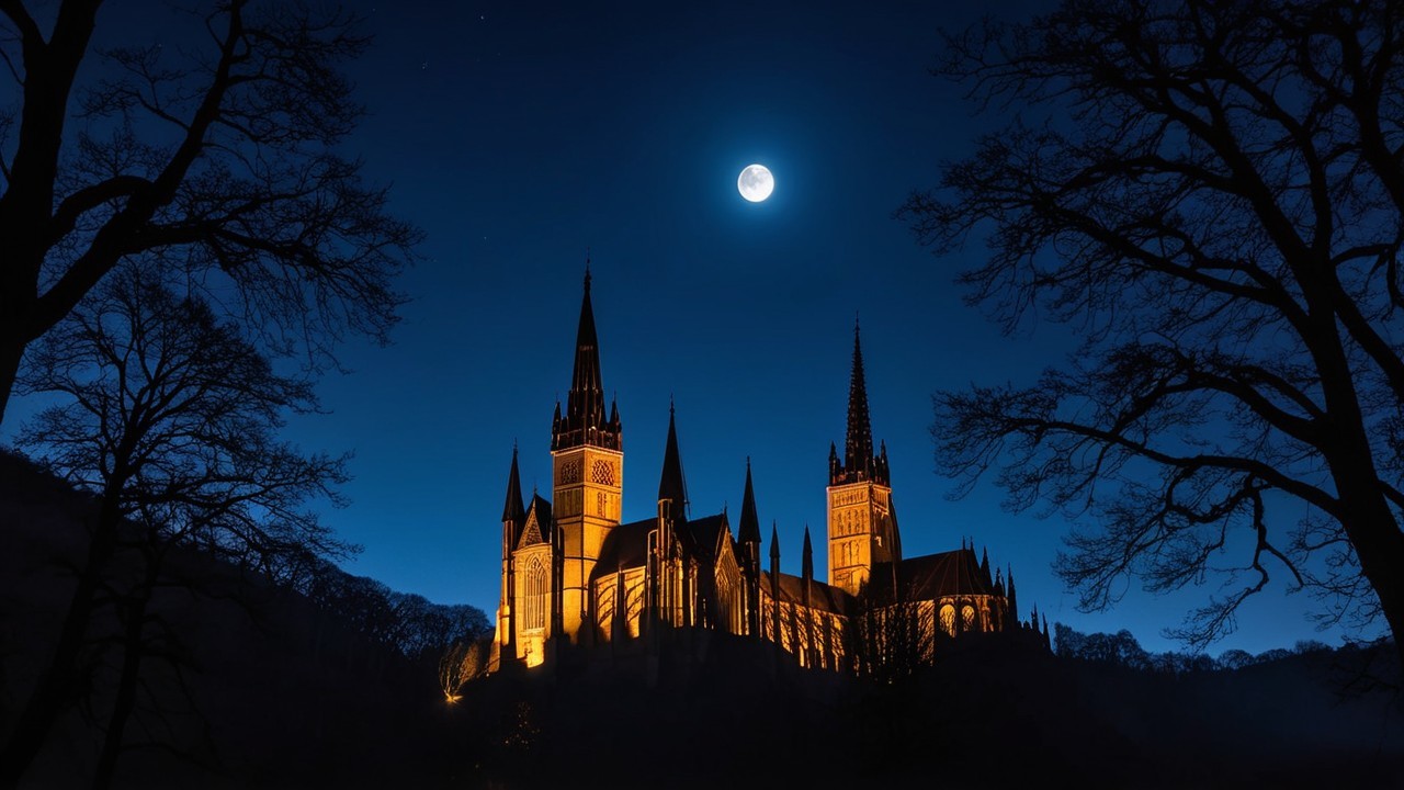 Majestic castle illuminated under a night sky