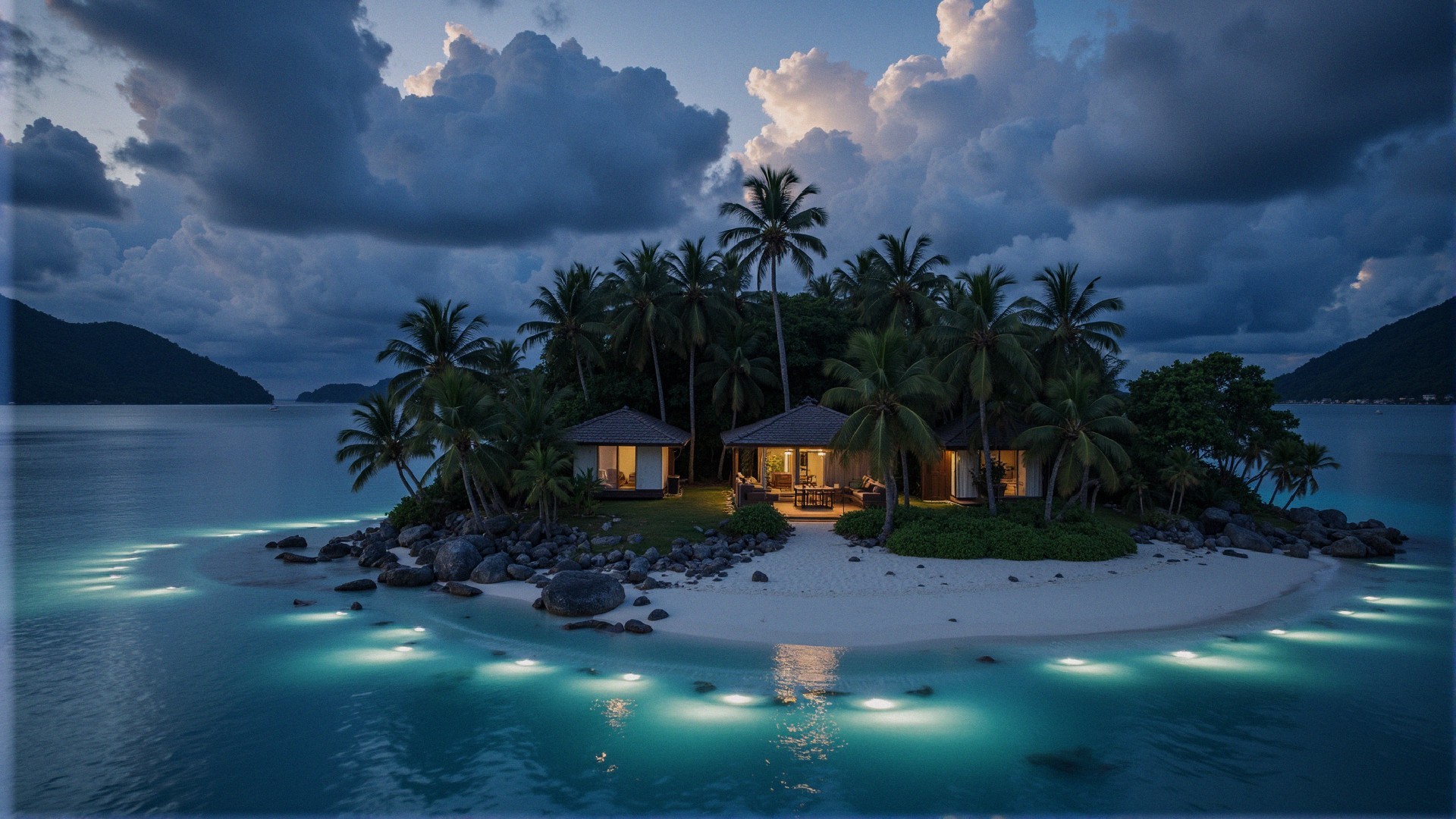 Tropical Island Twilight with Charming Houses and Beach