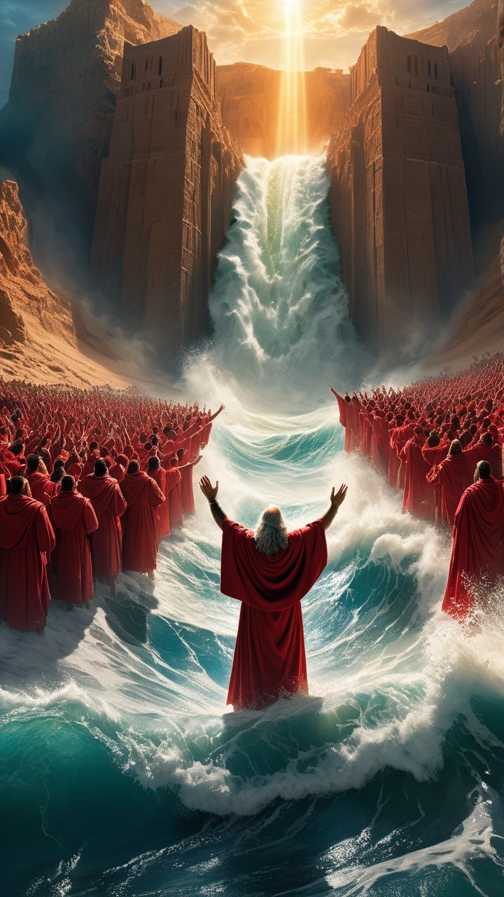 Dramatic Coastline with Waterfall and Figures in Robes